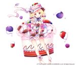  1girl :o bare_shoulders barefoot blonde_hair blueberry bow breasts cherry cleavage corset food food_as_clothes food_themed_clothes frilled frilled_skirt frills fruit gloves hair_bow hat leaning_forward long_hair looking_at_viewer nyanya open_mouth original pink_eyes ribbon skirt solo strawberry twintails 