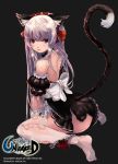  1girl absurdres animal_ears apron bare_shoulders blush cat_ears cat_tail detached_collar frilled_panties frills gloves grey_background highres long_hair looking_at_viewer looking_back panties panties_around_one_leg qbspdl red_eyes red_panties silver_hair simple_background sitting solo tail tears thigh-highs torn_clothes torn_thighhighs underwear unleashed waist_apron wariza watermark white_gloves white_legwear 