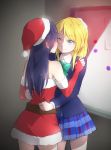  2girls ;) ayase_eli black_hair blazer blonde_hair blue_eyes bow fur_trim futonchan hug love_live!_school_idol_project multiple_girls one_eye_closed ponytail santa_costume school_uniform scrunchie smile sonoda_umi yuri 