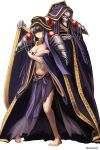  1boy 1girl ainz_ooal_gown aken barefoot black_hair blush cosplay covering covering_breasts hair_over_eyes highres hood narberal_gamma overlord_(maruyama) shoulder_pads skull standing 