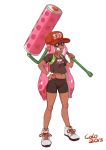 1girl baseball_cap bike_shorts colo_(nagrolaz) crop_top dark_skin fang flat_chest full_body grin hat highres inkling long_hair mask midriff navel oversized_object paint_roller pink_eyes pink_hair pointy_ears shoes smile sneakers solo splatoon t-shirt tentacle_hair wristband 
