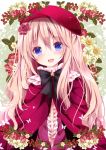  1girl blonde_hair blue_eyes blush bow butterfly cape flower hair_flower hair_ornament hat head_tilt long_hair looking_at_viewer nanase_nao open_mouth original smile solo very_long_hair 