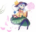  1girl blue_eyes bow floral_print flower hat hat_bow komeiji_koishi open_mouth pantyhose petals pink_rose rose rowtan shirt silver_hair skirt smile solo third_eye touhou 