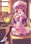  1girl bespectacled book crescent dress glasses globe hat highres letter long_hair looking_at_viewer pantyhose patchouli_knowledge pink-framed_glasses purple_hair semi-rimless_glasses sitting smile tonchan touhou under-rim_glasses vertical-striped_dress vertical_stripes window 