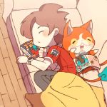  1boy amano_keita blanket brown_hair cat chiyoko_(oman1229) closed_eyes couch from_above indoors jibanyan lying multiple_tails notched_ear on_back on_side open_mouth short_hair sleeping tail two_tails wooden_floor youkai youkai_watch youkai_watch_(object) 