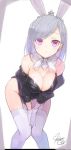  1girl animal_ears bare_shoulders between_legs breasts cleavage gloves hand_between_legs large_breasts lavender_hair leaning_forward looking_at_viewer minoa_(lastswallow) original rabbit_ears signature solo thigh-highs violet_eyes white_gloves white_legwear 