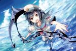  1girl anchor black_hair blue_sky chain clouds grey_eyes hat murasa_minamitsu neckerchief ocean open_mouth perspective sailor_dress sailor_hat short_sleeves sky solo touhou yoshinaga_p 