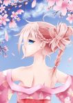  1girl blue_eyes braid cherry_blossoms dying0414 from_behind hair_up highres ia_(vocaloid) japanese_clothes kimono looking_back off_shoulder petals pink_hair solo upper_body vocaloid yukata 