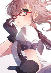  1girl aqua_eyes bespectacled black_gloves glasses gloves heart kantai_collection kinugasa_(kantai_collection) long_hair miwano_ragu one_eye_closed pink_hair puffy_short_sleeves puffy_sleeves red-framed_glasses school_uniform serafuku short_sleeves solo 