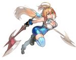  1girl ahoge aoin axe bare_shoulders blonde_hair boots borrowed_character bow breasts cleavage dual_wielding gloves green_eyes hair_bow highres large_breasts smile solo striped striped_legwear tattooed_breast thigh-highs twintails weapon 