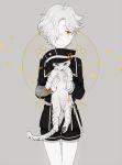  1boy gokotai gokotai&#039;s_tigers hat holding_animal male_focus military military_uniform monochrome o-ishi shorts spot_color tiger_cub touken_ranbu uniform yellow_eyes 