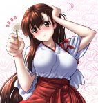  1girl akagi_(kantai_collection) blush breasts brown_eyes brown_hair highres japanese_clothes kantai_collection kezune_(i-_-i) large_breasts long_hair looking_at_viewer mimikaki simple_background 