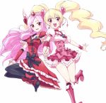  2girls :d black_legwear blonde_hair boots choker cure_passion cure_peach fresh_precure! heart higashi_setsuna holding_hands long_hair looking_at_viewer magical_girl momozono_love multiple_girls open_mouth pantyhose pink_eyes pink_hair precure simple_background skirt smile sumiosmith twintails white_background 