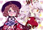  2girls ;) blush bow brown_eyes brown_hair cape fujiwara_no_mokou glasses hair_ribbon hat hat_bow heart heart-shaped_pupils heart_background heart_of_string kayama_benio long_hair long_sleeves looking_at_viewer multiple_girls one_eye_closed open_mouth plaid red-framed_glasses red_eyes ribbon salute shirt short_hair silver_hair skirt smile sparkle star suspenders symbol-shaped_pupils torn_clothes torn_sleeves touhou usami_sumireko 