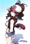  1girl :3 ass azusa_(sarie303030) baseball_cap blue_eyes brown_hair denim denim_shorts from_behind hat long_hair looking_back multiple_girls pokemon pokemon_(game) pokemon_bw ponytail shorts smile touko_(pokemon) vest 