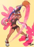  1girl bike_shorts bracelet cap colo_(nagrolaz) crop_top dark_skin fangs flat_chest full_body highres inkling jewelry long_hair navel open_mouth oversized_object paint paint_splatter paintbrush pink_eyes pink_hair pointy_ears shoes sneakers solo splatoon t-shirt tentacle_hair twintails 