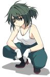  1girl alternate_hairstyle boots breasts casual cleavage eyepatch full_body gloves green_hair kantai_collection kiso_(kantai_collection) looking_at_viewer masukuza_j ponytail shirt sleeveless sleeveless_shirt solo squatting white_background white_gloves white_shirt 