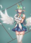  1girl alternate_costume alternate_hair_color angel_wings blush breast_hold breasts elbow_gloves gloves green_eyes green_hair hair_ornament highres horn large_breasts league_of_legends long_hair looking_at_viewer magical_girl pointy_ears shiny shiny_skin skirt smile solo soraka staff star_guardian_soraka thigh-highs white_gloves wings zettai_ryouiki 