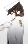  1girl braid brown_hair gloves hair_ornament hair_over_shoulder hat kantai_collection military military_uniform naoto_(tulip) oversized_clothes peaked_cap remodel_(kantai_collection) shigure_(kantai_collection) simple_background single_braid uniform white_background white_gloves 