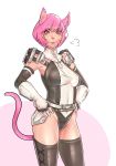  1girl animal_ears black_legwear boots breasts cat_ears cat_tail cowboy_shot elbow_gloves faulds final_fantasy final_fantasy_xi gloves hands_on_hips highres john_doe leotard lips mithra nose pauldrons pink_eyes pink_hair short_hair smile solo tail thigh-highs thigh_boots unaligned_breasts vambraces 
