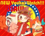  &gt;_o 1boy amano_keita brown_hair cat cheerleader chiyoko_(oman1229) english fangs food ghost hamburger jacket jibanyan multiple_tails notched_ear one_eye_closed open_clothes open_jacket open_mouth pom_poms purple_lips short_hair smile star sunglasses tail two_tails watch watch whisper_(youkai_watch) youkai youkai_watch youkai_watch_3 