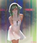  1girl arms_behind_back artist_name blood bloody_clothes bloody_dress dress echilo green_eyes green_hair highres looking_at_viewer open_mouth parted_lips saya saya_no_uta see-through see-through_silhouette smile solo sundress thigh_gap white_dress 