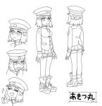 akitsu_maru_(kantai_collection) breasts expressions full_body gloves hat k3_(toobad) kantai_collection long_sleeves microskirt military military_uniform monochrome peaked_cap pleated_skirt shoes short_hair simple_background skirt sneakers thigh-highs translated uniform white_background zettai_ryouiki 