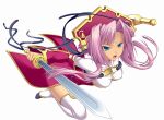  artist_request blue_eyes breasts detached_sleeves fighting_stance hat koihime_musou leaning_forward open_mouth pink_hair running short_hair simple_background sonken sword thigh-highs weapon 