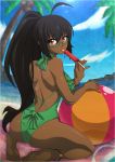  1girl ahoge anklet ass back ball barefoot beach beachball black_hair border borrowed_character cyron_tanryoku dark_skin full_body glasses green-framed_glasses green_swimsuit highres huge_ahoge jewelry kneeling long_hair looking_back one-piece_swimsuit original ponytail popsicle red_eyes semi-rimless_glasses solo spike_wible swimsuit toes tongue tongue_out under-rim_glasses very_dark_skin very_long_hair 