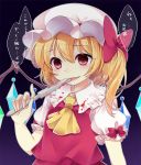  1girl :d \(^o^)/ ascot blonde_hair blood blood_drip bloody_clothes bloody_knife bloody_teeth bow empty_eyes fang flandre_scarlet frilled_shirt_collar hair_bow haruki_5050 knife large_bow licking_weapon looking_at_viewer mob_cap open_mouth puffy_short_sleeves puffy_sleeves red_eyes short_hair short_sleeves side_ponytail skirt skirt_set slit_pupils smile solo teeth touhou translation_request vest wings yandere 