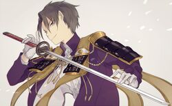  1boy brown_eyes brown_hair gloves heshikiri_hasebe katana male_focus o-ishi smile sode sword touken_ranbu upper_body weapon white_gloves 