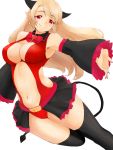  1girl bare_shoulders belt black_legwear blonde_hair bow breasts cleavage demon_girl demon_tail detached_sleeves earrings heart horns jewelry leotard long_hair marukakisuto navel original pointy_ears red_eyes smile solo succubus tail thigh-highs 