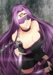  1girl blindfold breasts chain cleavage dagger facial_mark fate/stay_night fate_(series) forehead_mark highres large_breasts long_hair purple_hair rider solo very_long_hair violet_eyes weapon ycco_(estrella) 