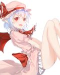  1girl ascot bat_wings bow fang frills hat hat_ribbon legs_up looking_at_viewer mob_cap open_mouth panties pointy_ears pokan_(xz1128) puffy_sleeves red_eyes remilia_scarlet ribbon shirt short_hair short_sleeves simple_background skirt skirt_set smile solo touhou underwear white_background white_panties wings 