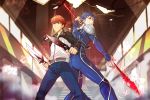  2boys back-to-back blue_hair bodysuit dual_wielding emiya_shirou fate/stay_night fate_(series) gae_bolg highres kanshou_&amp;_bakuya lancer long_hair multiple_boys polearm ponytail redhead shimo_(s_kaminaka) spear track_jacket weapon 