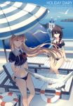  2girls bikini_bottom bird blonde_hair blue_eyes braid brown_hair church highres innertube kantai_collection long_hair midriff multiple_girls neckerchief ocean parasol remodel_(kantai_collection) school_uniform seagull serafuku shigure_(kantai_collection) sitting smile umbrella very_long_hair wind yuudachi_(kantai_collection) zicai_tang 