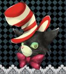  argyle argyle_background bowtie cat checkered checkered_background face green_eyes lace_border smile solo striped striped_hat the_cat_in_the_hat the_cat_in_the_hat_(character) toc 