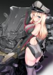  1girl 8000 ass bismarck_(kantai_collection) blonde_hair blue_eyes competition_swimsuit elbow_gloves gloves hat highres kantai_collection large_breasts long_hair motor_vehicle motorcycle one-piece_swimsuit peaked_cap swimsuit thigh-highs vehicle 