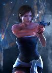  backlighting brown_hair clothes_around_waist fire gun highres jill_valentine realistic resident_evil resident_evil_3 sparks strapless sweat sweating sweating_profusely thezentlion weapon wet 