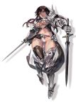  1girl aoin armor boots borrowed_character breasts brown_eyes brown_hair cleavage dual_wielding groin highres lips long_hair midriff navel origianl pauldrons solo sword thigh-highs thigh_boots thighs weapon 