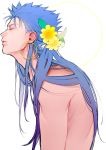  1boy blue_hair earrings fate/stay_night fate_(series) flower hair_down hair_flower hair_ornament hoop_earrings jewelry lancer long_hair red_eyes sennin_(inoinox) shirtless 