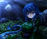  1girl blue_eyes blue_hair breasts drill_hair head_fins japanese_clothes kimono light_particles light_rays looking_at_viewer mermaid monster_girl obi rock sash short_hair sitting smile solo sunbeam sunlight touhou underwater wakasagihime yagyu-pix 