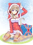  1girl animal_ears animal_hood blue_eyes box braid breasts brown_hair cat_ears cat_hood cat_tail cleavage gift gift_box hair_ribbon hood long_hair looking_at_viewer lynette_bishop panties pantyshot red_liquid_(artist) ribbon santa_costume sitting smile snow snowflakes snowing solo strike_witches striped striped_legwear tail thigh-highs underwear union_jack wariza white_panties 