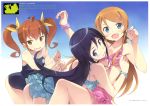  3girls absurdres aragaki_ayase ass bikini bikini_skirt black_hair blue_eyes blush brown_eyes brown_hair fang hair_ornament hairclip highres hug kanzaki_hiro kousaka_kirino kurusu_kanako long_hair multiple_girls official_art one-piece_swimsuit open_mouth ore_no_imouto_ga_konna_ni_kawaii_wake_ga_nai ribbon smile swimsuit twintails 