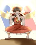  1girl angel_wings bobby_socks covered_face detached_sleeves hakurei_reimu halo highres indo_(mdtanaka2007) long_skirt mary_janes navel shoes skirt socks solo squatting surreal toilet_paper touhou wings 