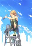  1girl ahoge black_legwear brown_eyes brown_hair clouds fu-ta holding ladder original overalls paint_can paintbrush shoes sitting sky sleeveless smile solo thigh-highs twintails wristband 
