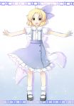  ahoge alice_margatroid alice_margatroid_(pc-98) ankle_socks blonde_hair ellipsis_(mitei) frilled_skirt frills gradient gradient_background hair_ribbon highres mary_janes open_mouth outstretched_arms puffy_short_sleeves puffy_sleeves ribbon shadow shoes short_hair short_sleeves simple_background skirt spread_arms suspenders touhou touhou_(pc-98) yellow_eyes 