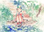  1girl detached_sleeves flower green_eyes hair_flower hair_ornament hatsune_miku lily_pad long_hair rei_(456789io) sitting smile solo stairs traditional_media twintails very_long_hair vocaloid water watercolor_(medium) 