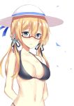  1girl 3: anchor_hair_ornament arms_behind_back bare_shoulders bespectacled bikini black_bikini blonde_hair blue_eyes blush breasts cleavage glasses hair_ornament hat jirasak_santhaweesuk kantai_collection low_twintails navel prinz_eugen_(kantai_collection) red-framed_glasses simple_background solo sun_hat swimsuit twintails upper_body white_background 