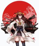  1girl ahoge boots brown_hair detached_sleeves hand_on_hip kantai_collection kongou_(kantai_collection) long_hair mitsuki_hana nontraditional_miko skirt smile solo thigh-highs thigh_boots turret 